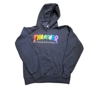 Adult Small Unisex Hoodie Sweatshirt Black Thrasher Skateboard Rainbow Graphic